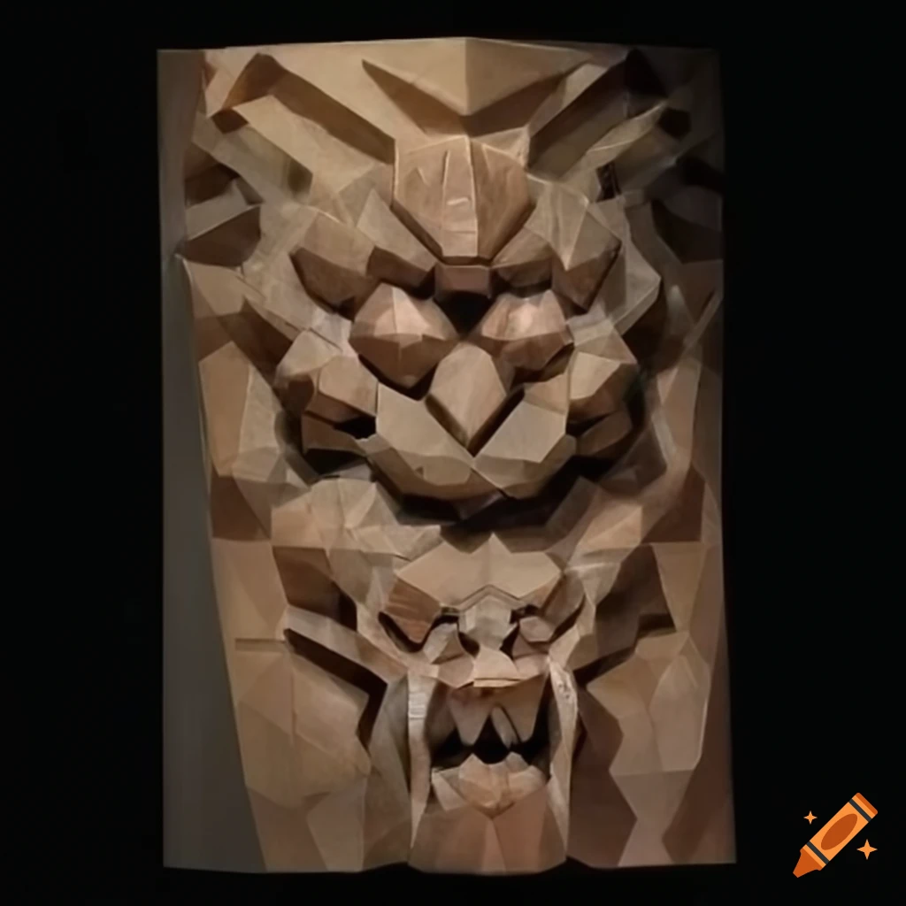 detailed carving artwork of a moth werewolf motif