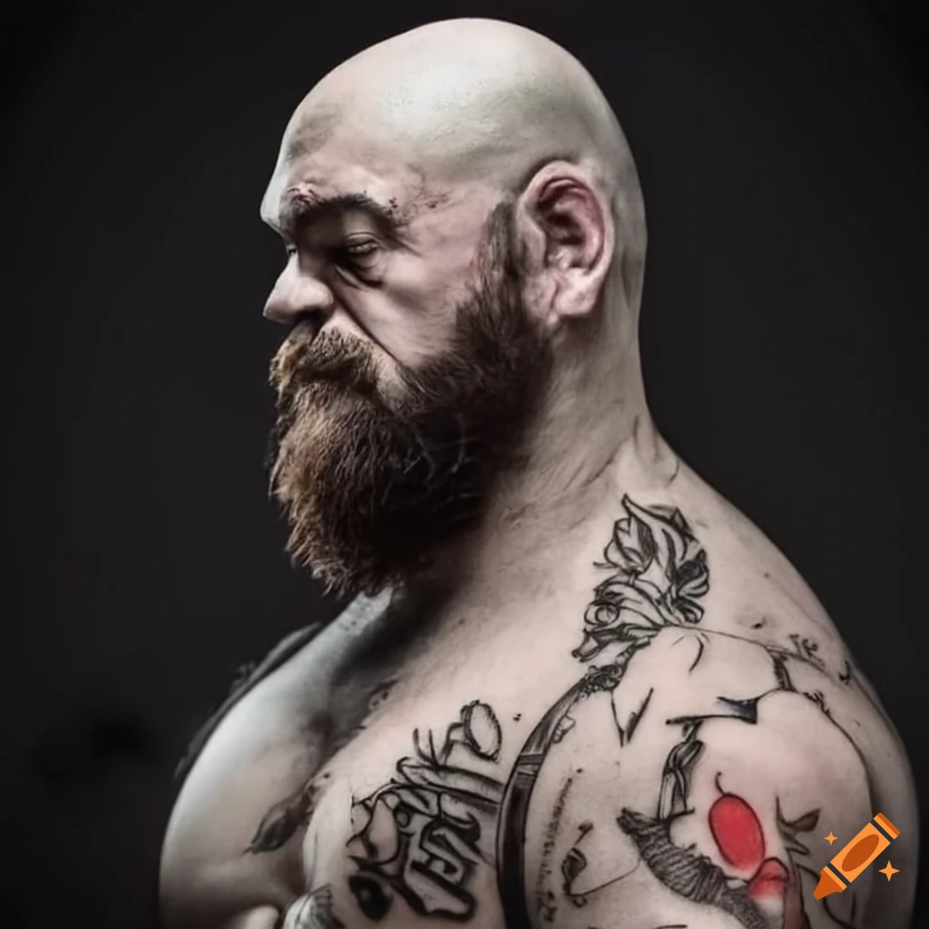 portrait of a strong bearded man with tattoos