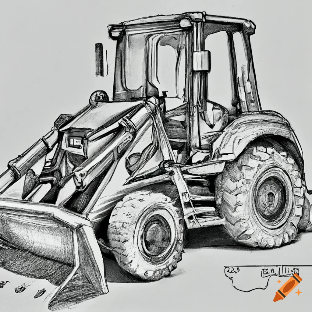 Detailed pencil sketch of a backhoe loader on Craiyon