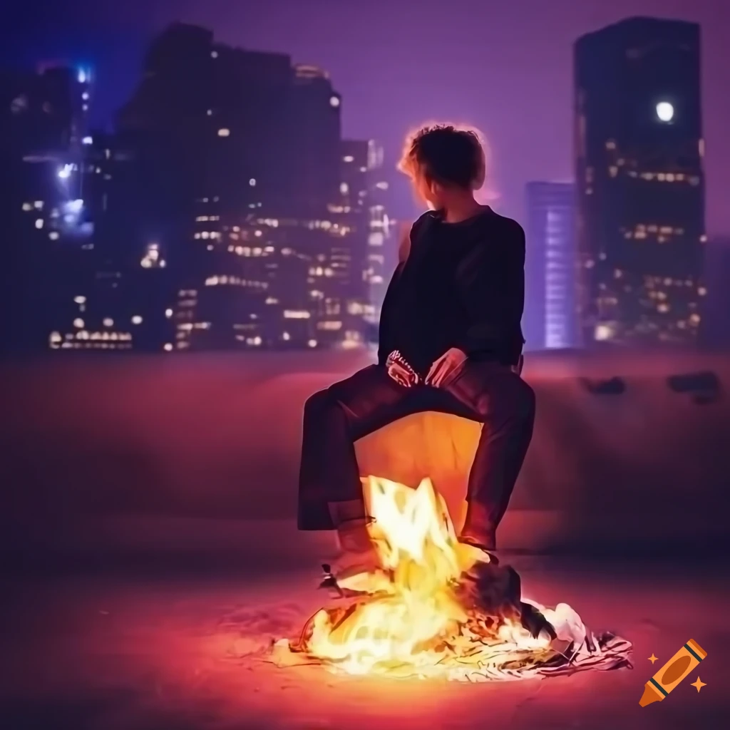 young man sitting by a campfire in a futuristic city