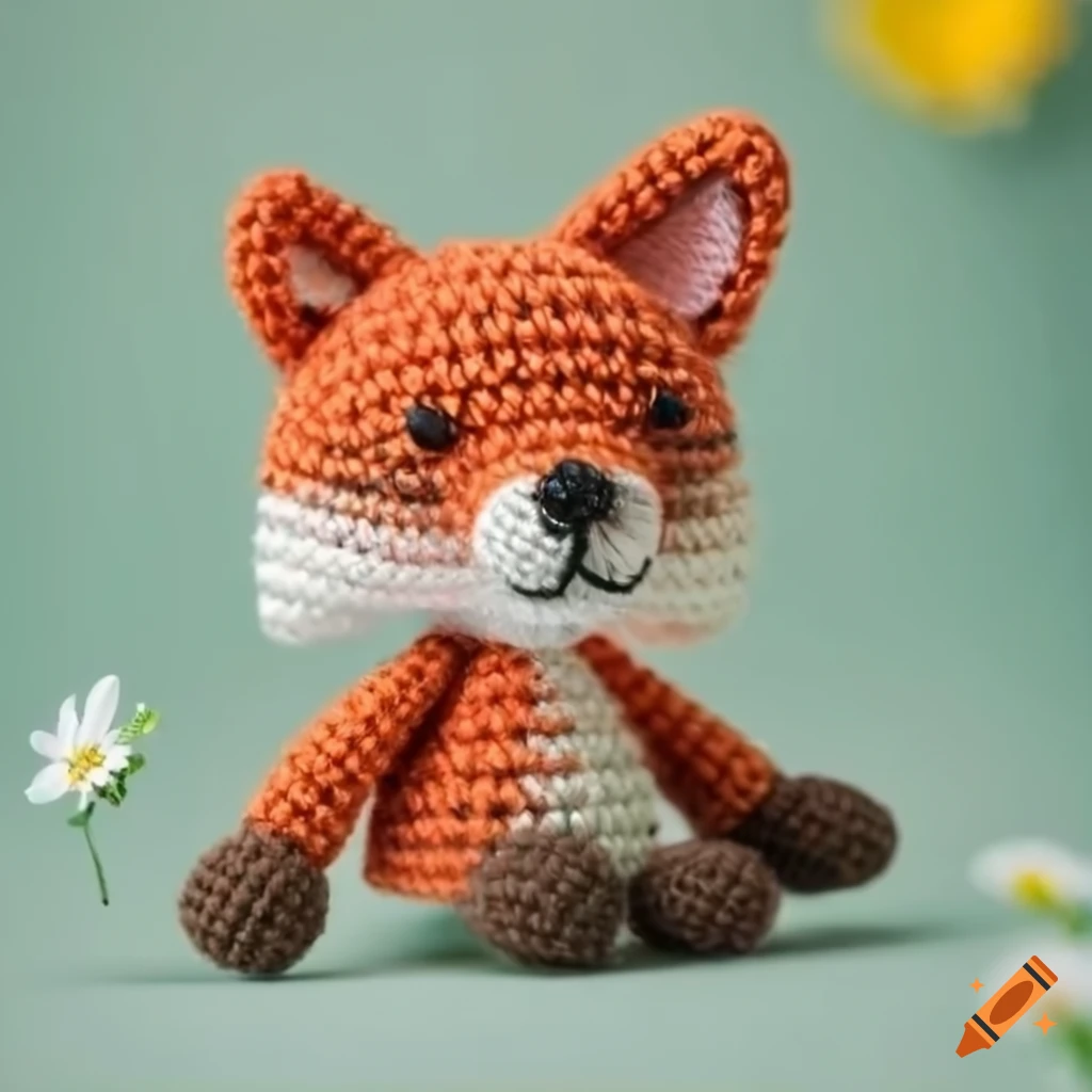 product photo of a fox amigurumi with flowers