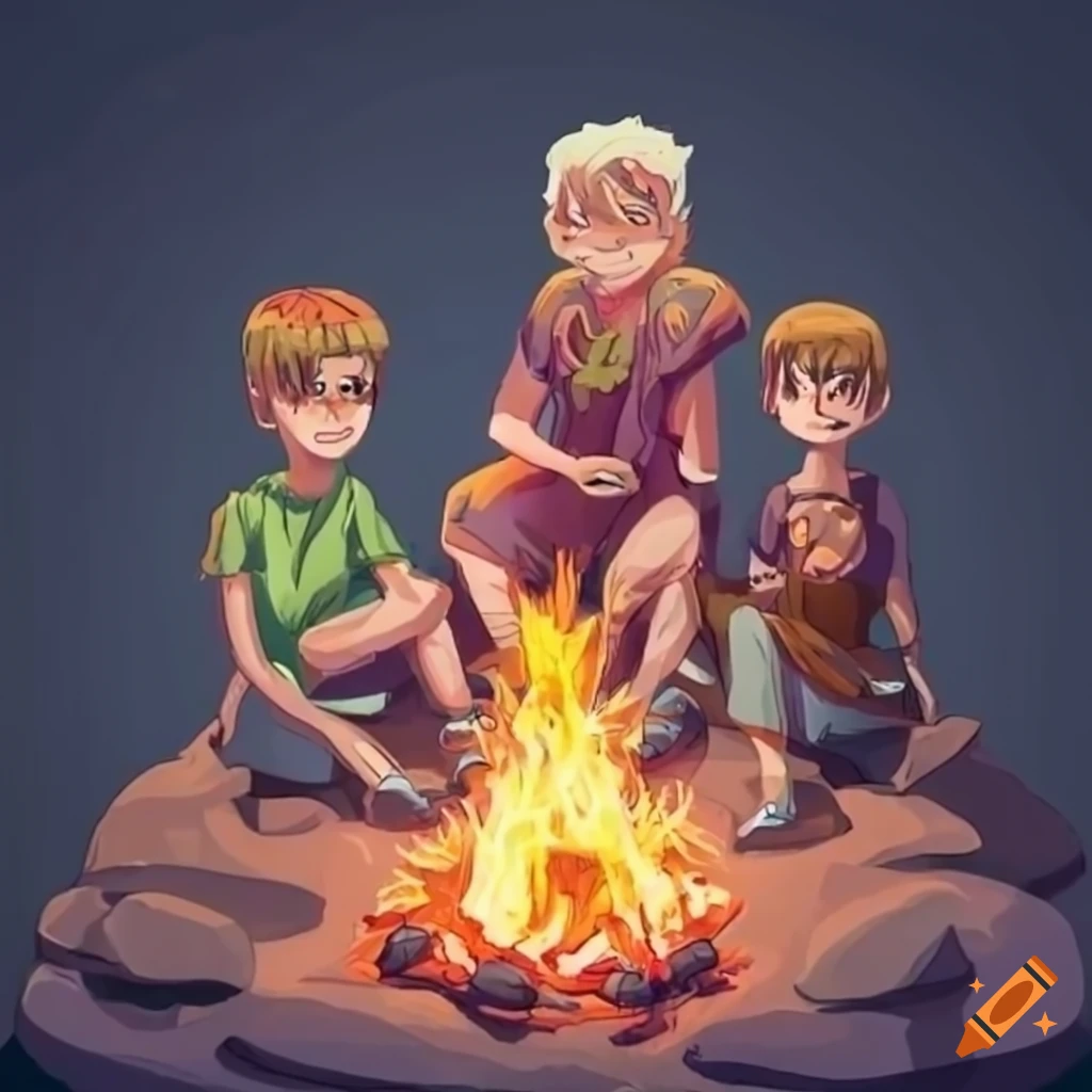 cartoon characters sitting around a bonfire in the jungle