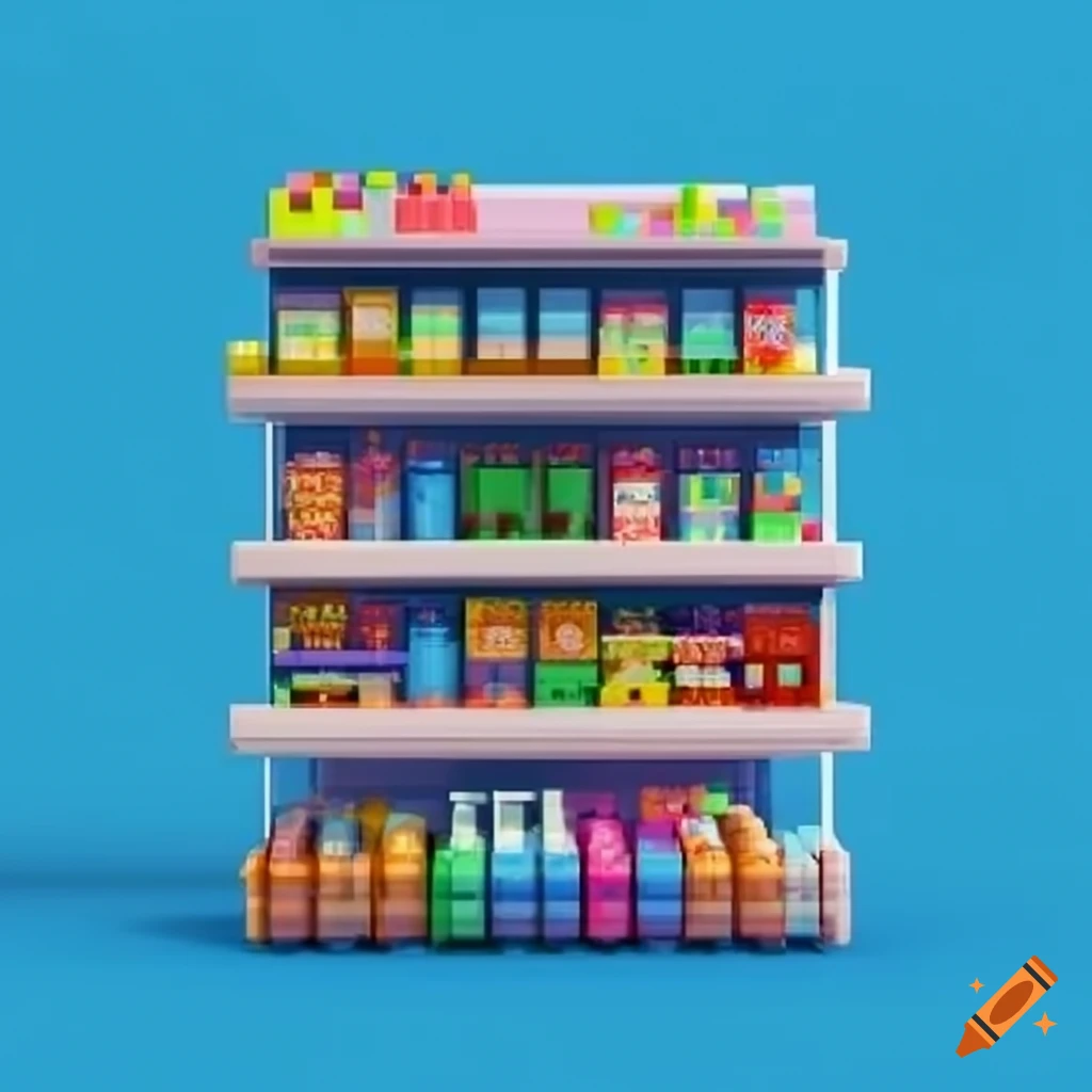 pixel art of colorful grocery store shelves