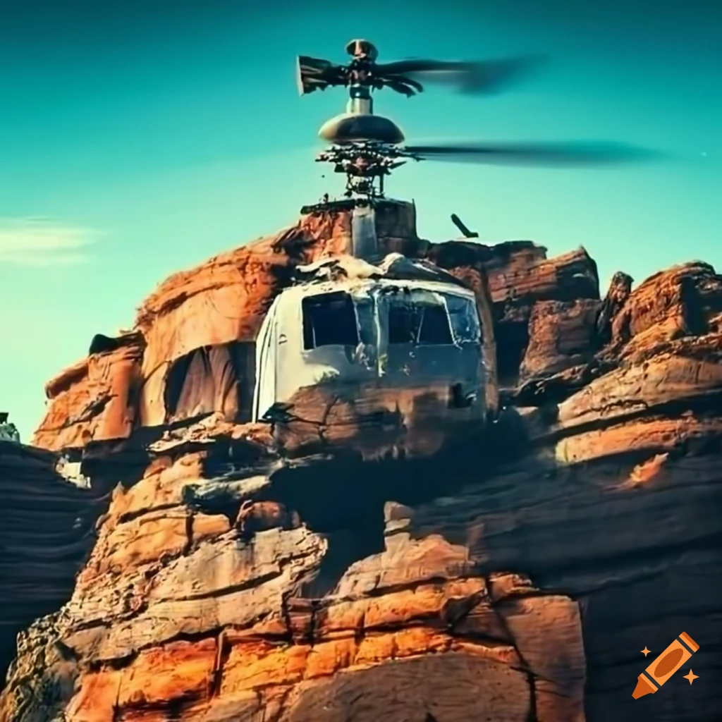 helicopter wreckage among rugged rocks