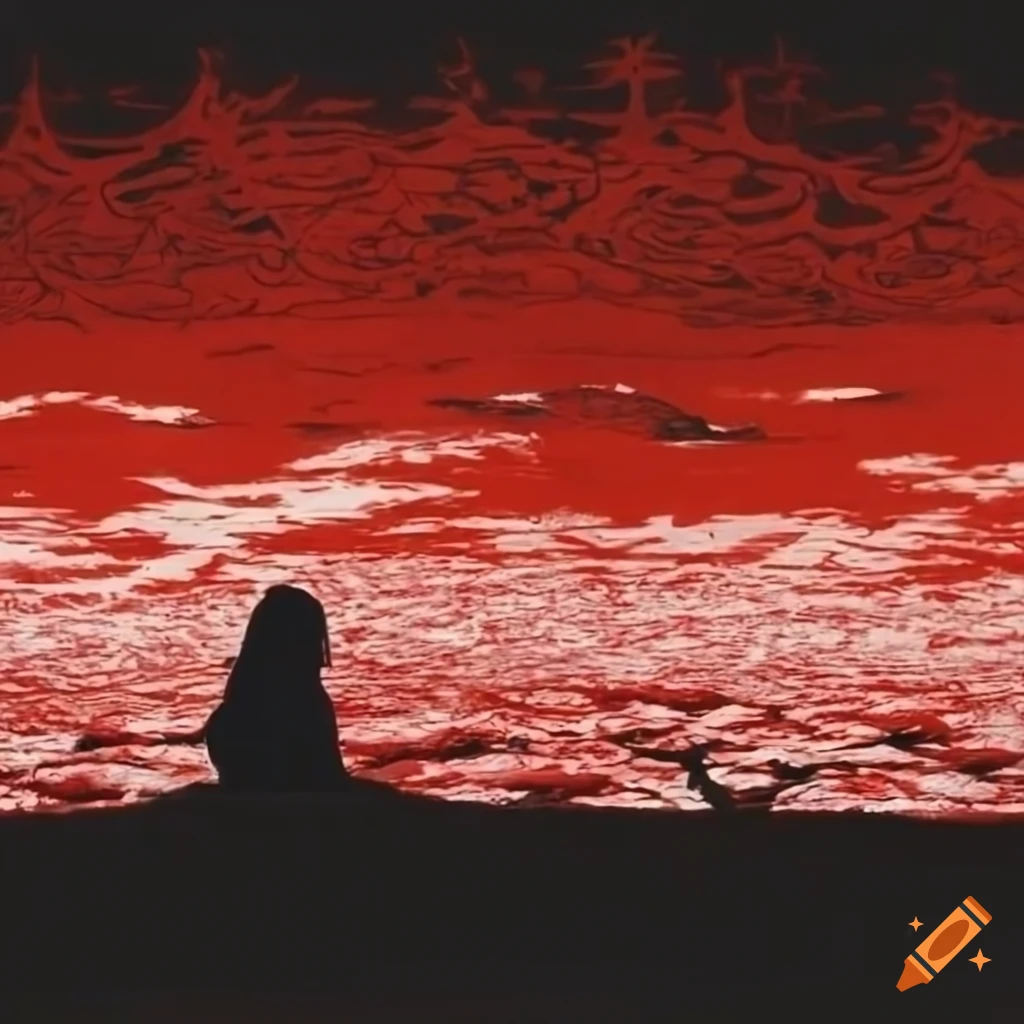 aquarella painting of a woman and a little girl in front of a Japanese landscape