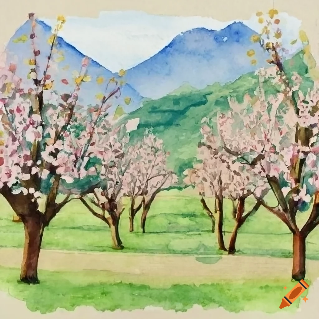 blossoming orchard with mountains in the background