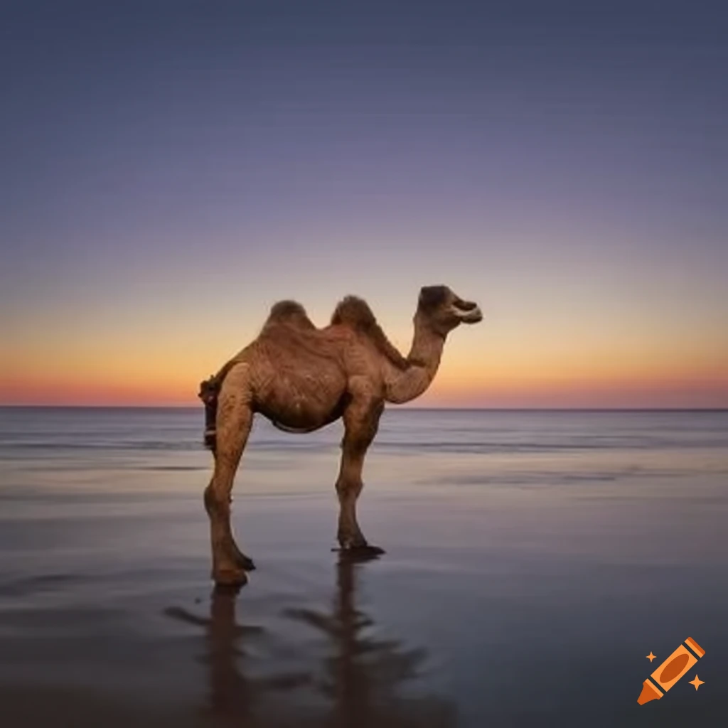 camel standing by the shore