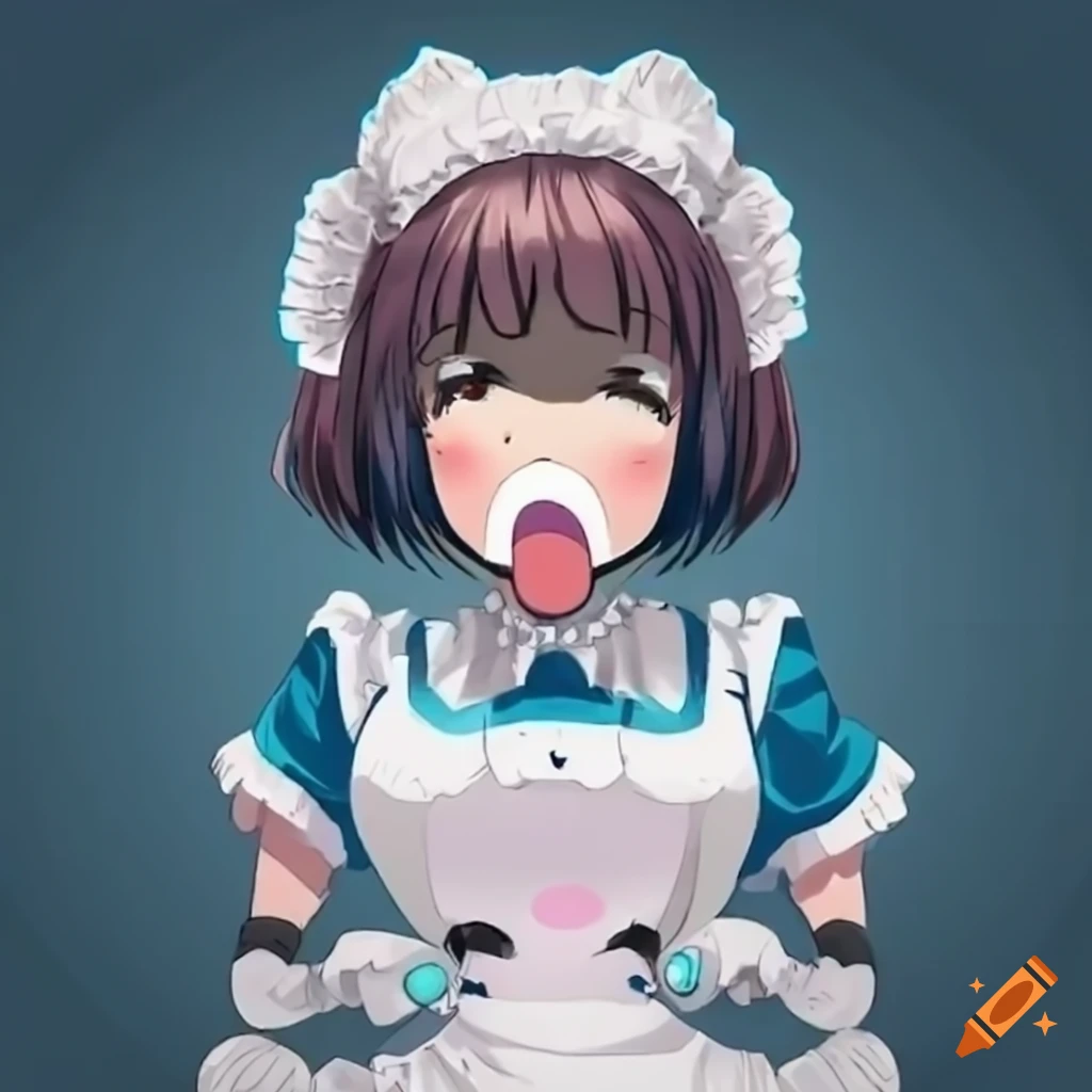 anime robot maid cleaning with a worried expression