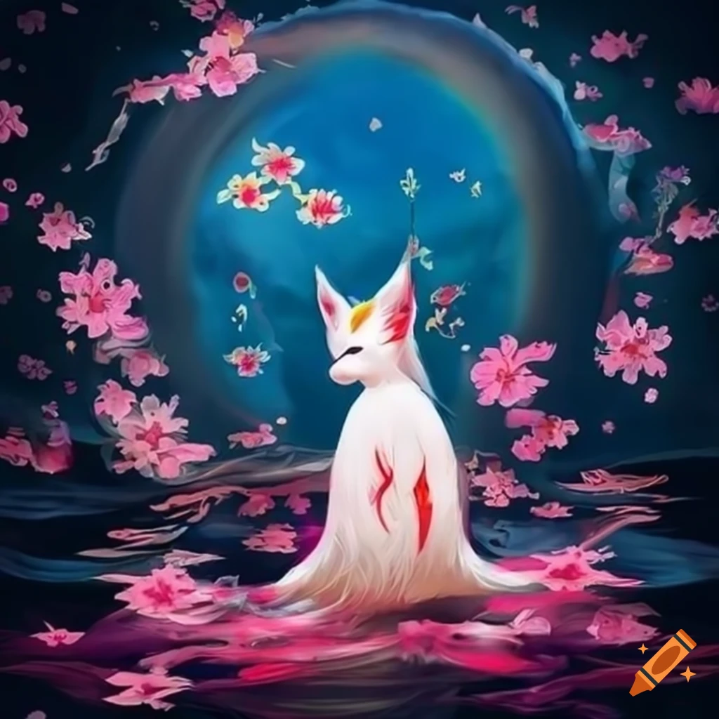 colorful kitsune surrounded by blooming blossoms