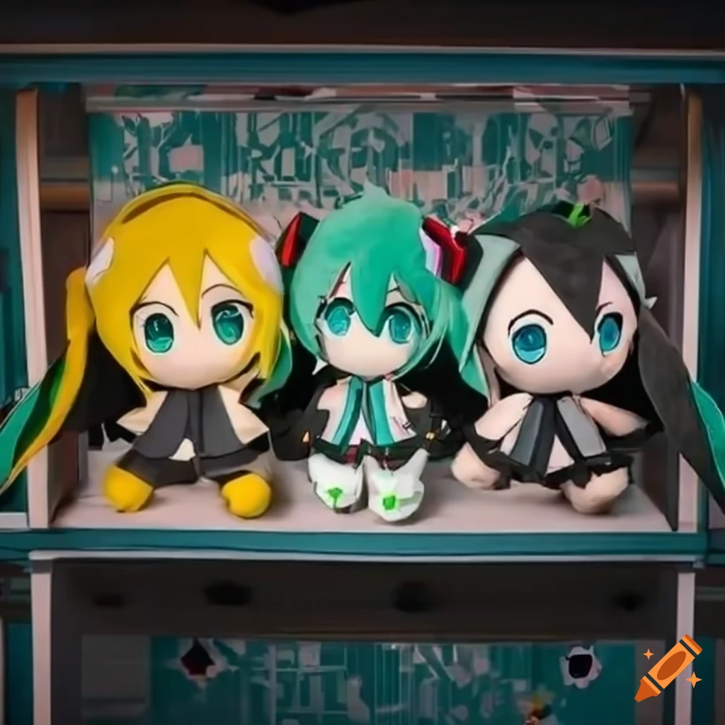Hatsune Miku plushies on a shelf