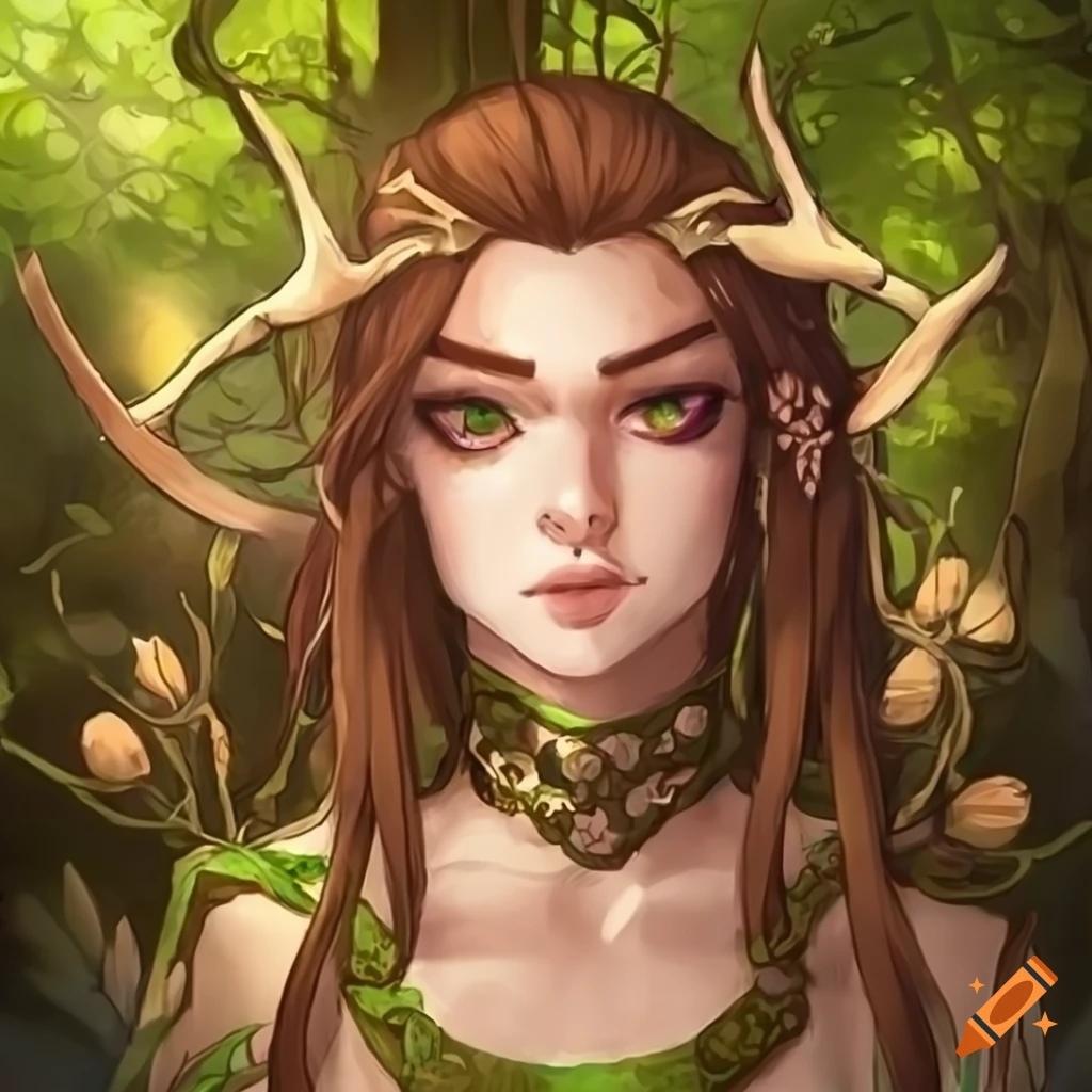 image of a female druid surrounded by leaves and vines