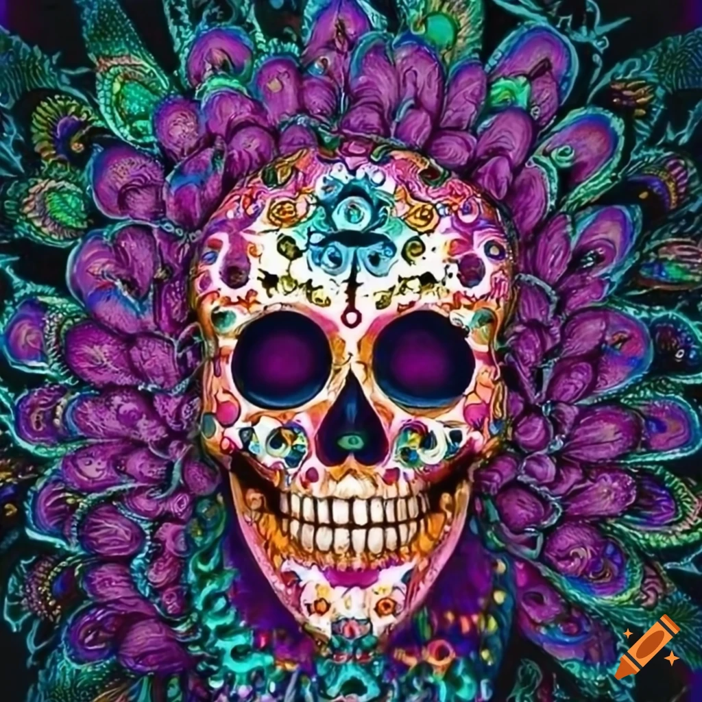 colorful sugar skull with a peacock design