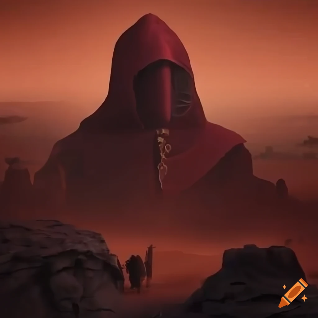artistic interpretation of red-cloaked medieval plague doctors in Mars
