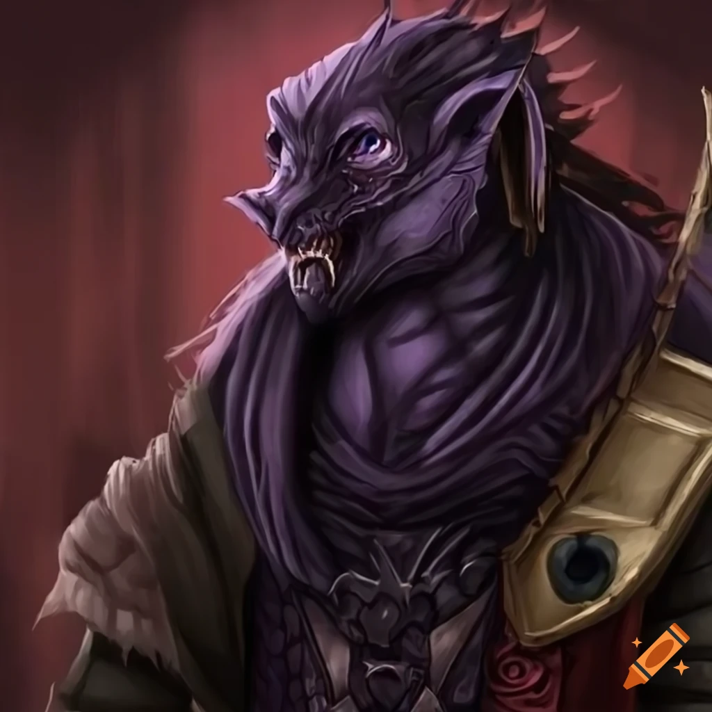 portrait of a black-skinned dragonborn with purple eyes