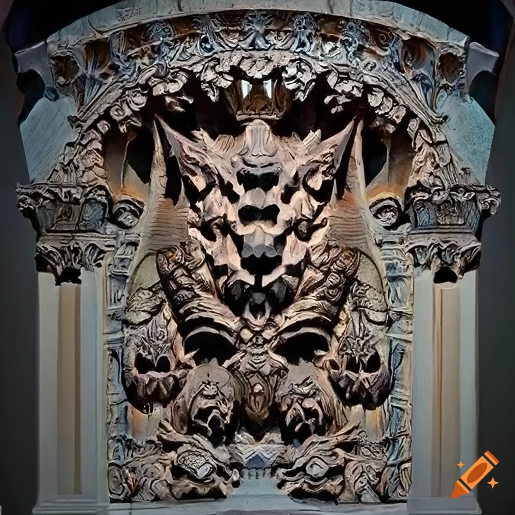 detailed architectural carving with moth werewolf motif