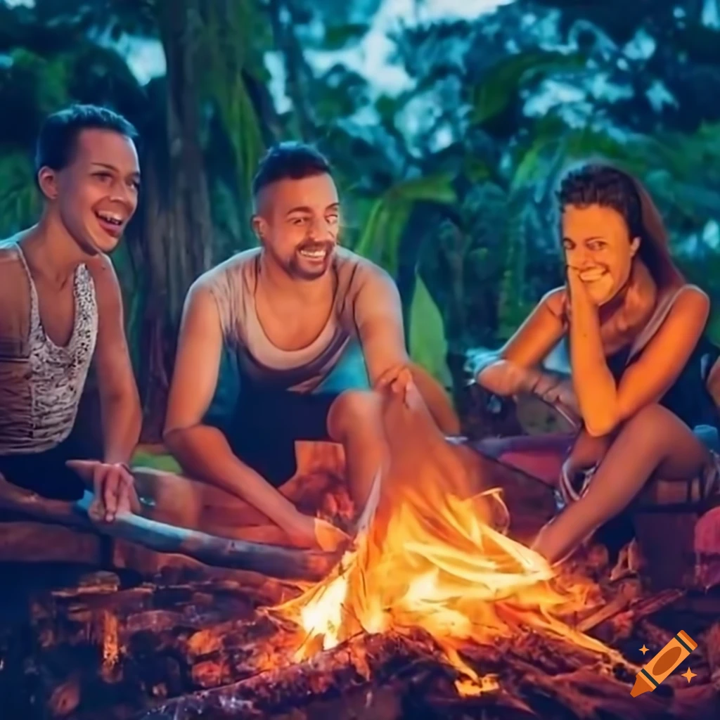 friends enjoying a bonfire night in a rainforest