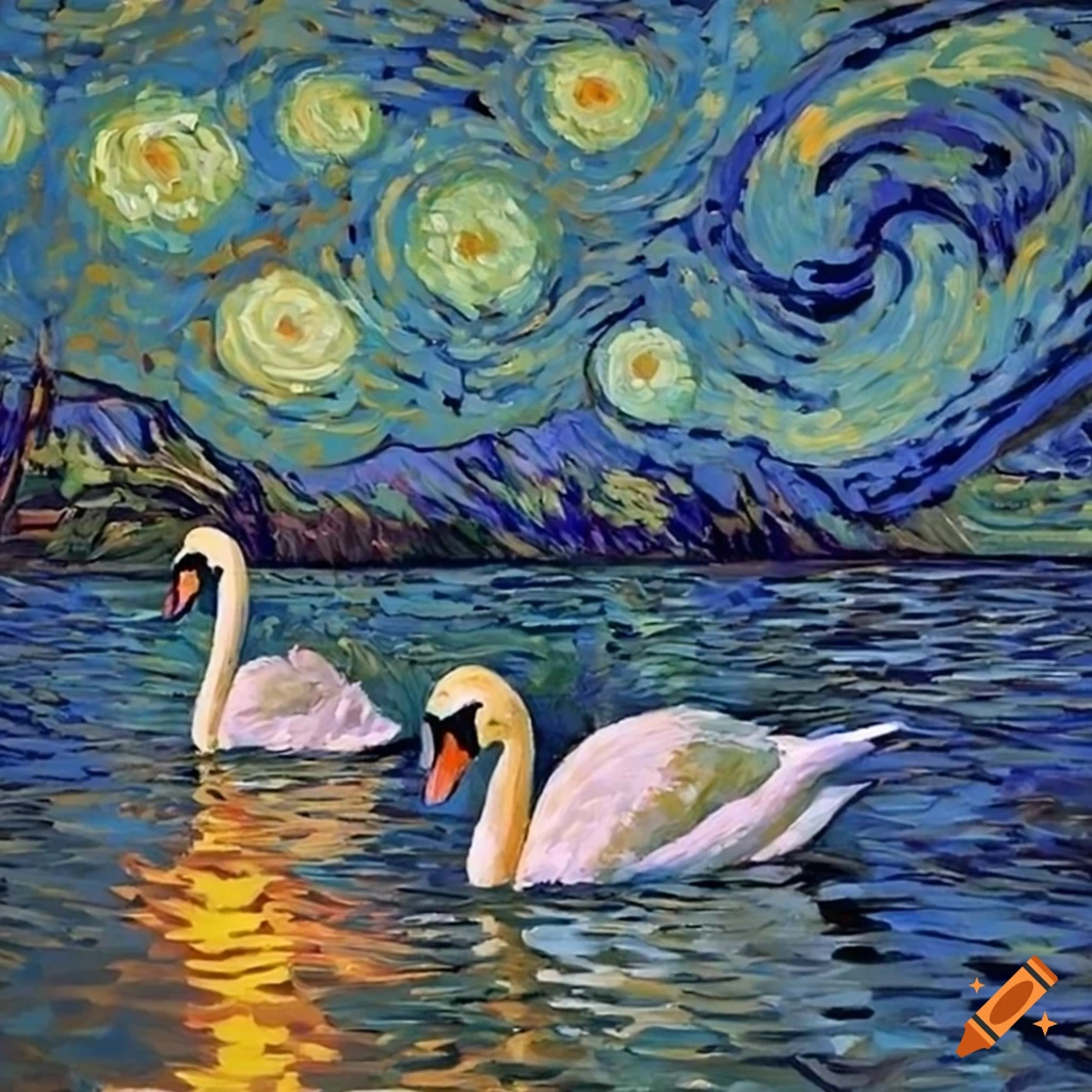 Van Gogh-style painting of two swans on a lake at sunset