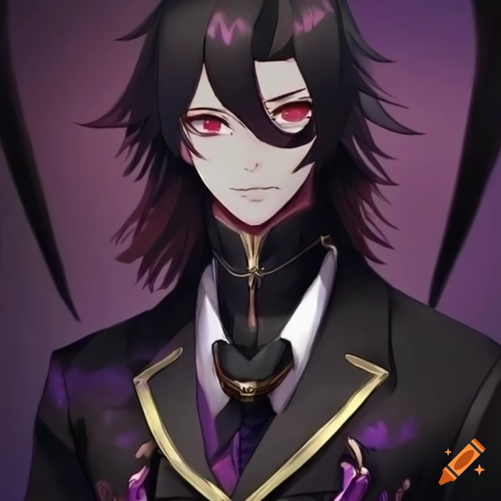 anime character with raven head and black suit