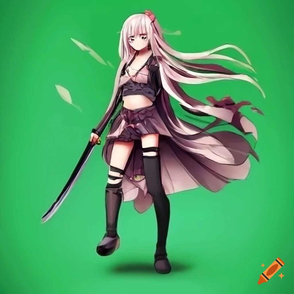 anime girl with katana in front of a green flag