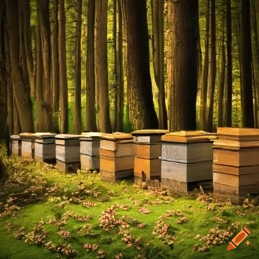 apiaries in front of a forest and a buckwheat field