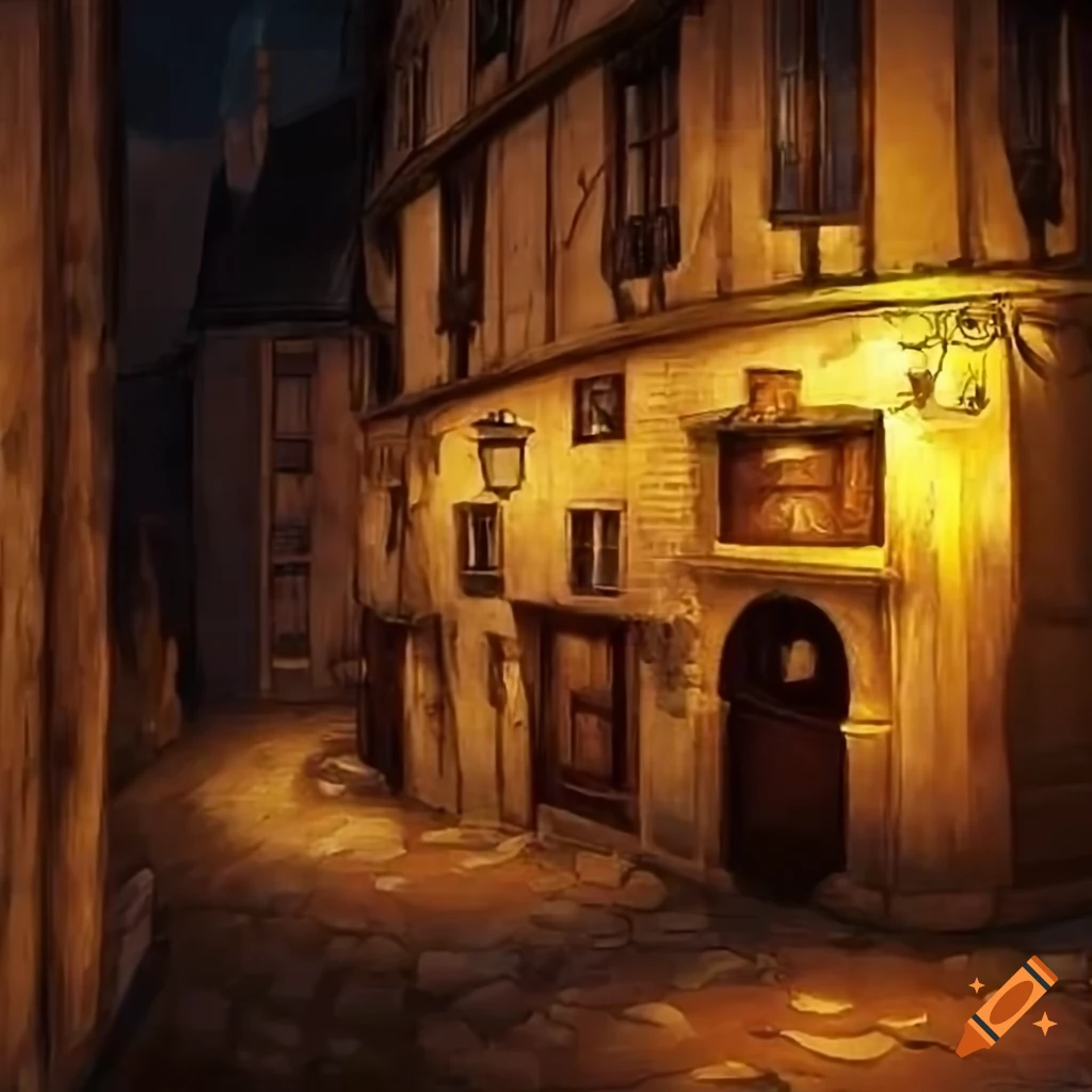night scene of a medieval inn in Paris