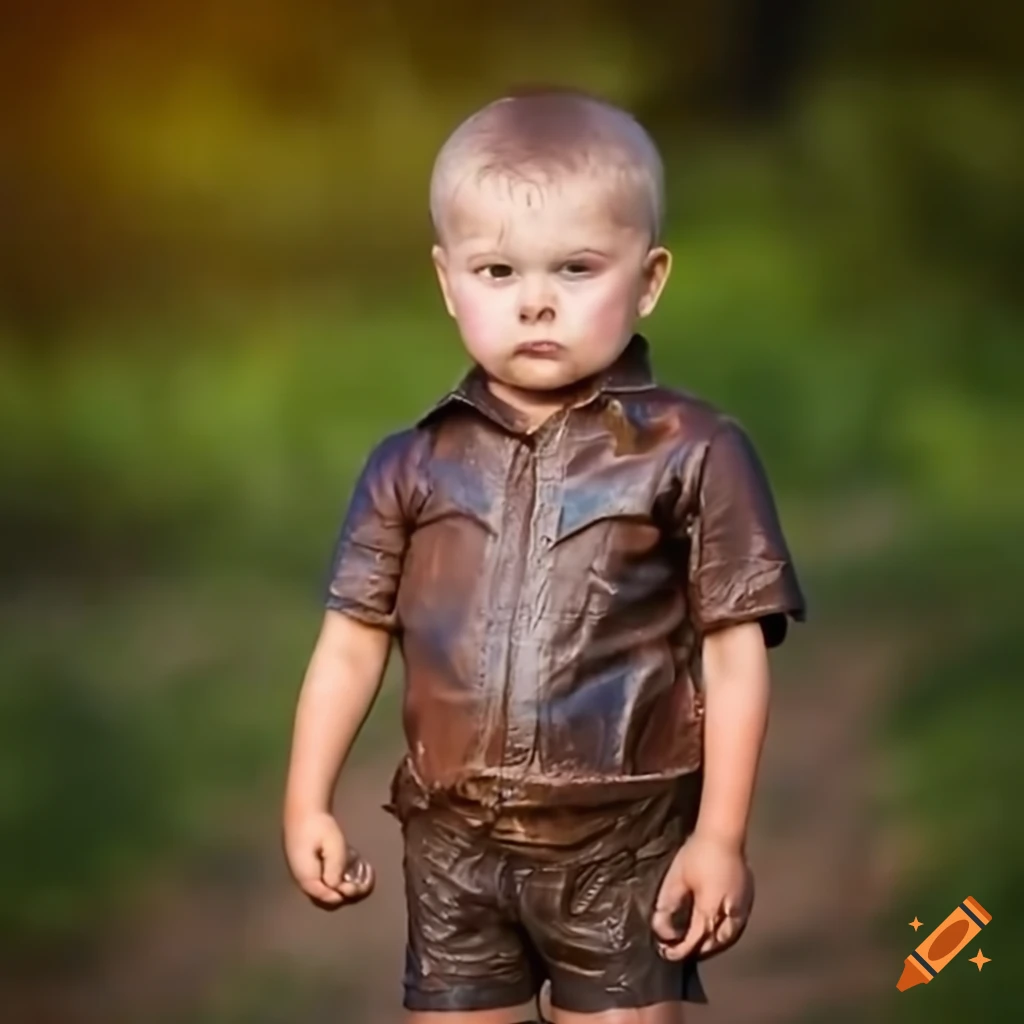 portrait of a mud-covered Russian toddler farmer boy