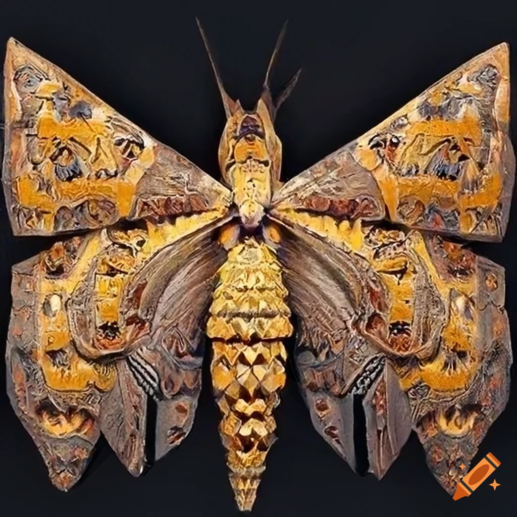 multi-faceted architectural carving with marigold moth motif