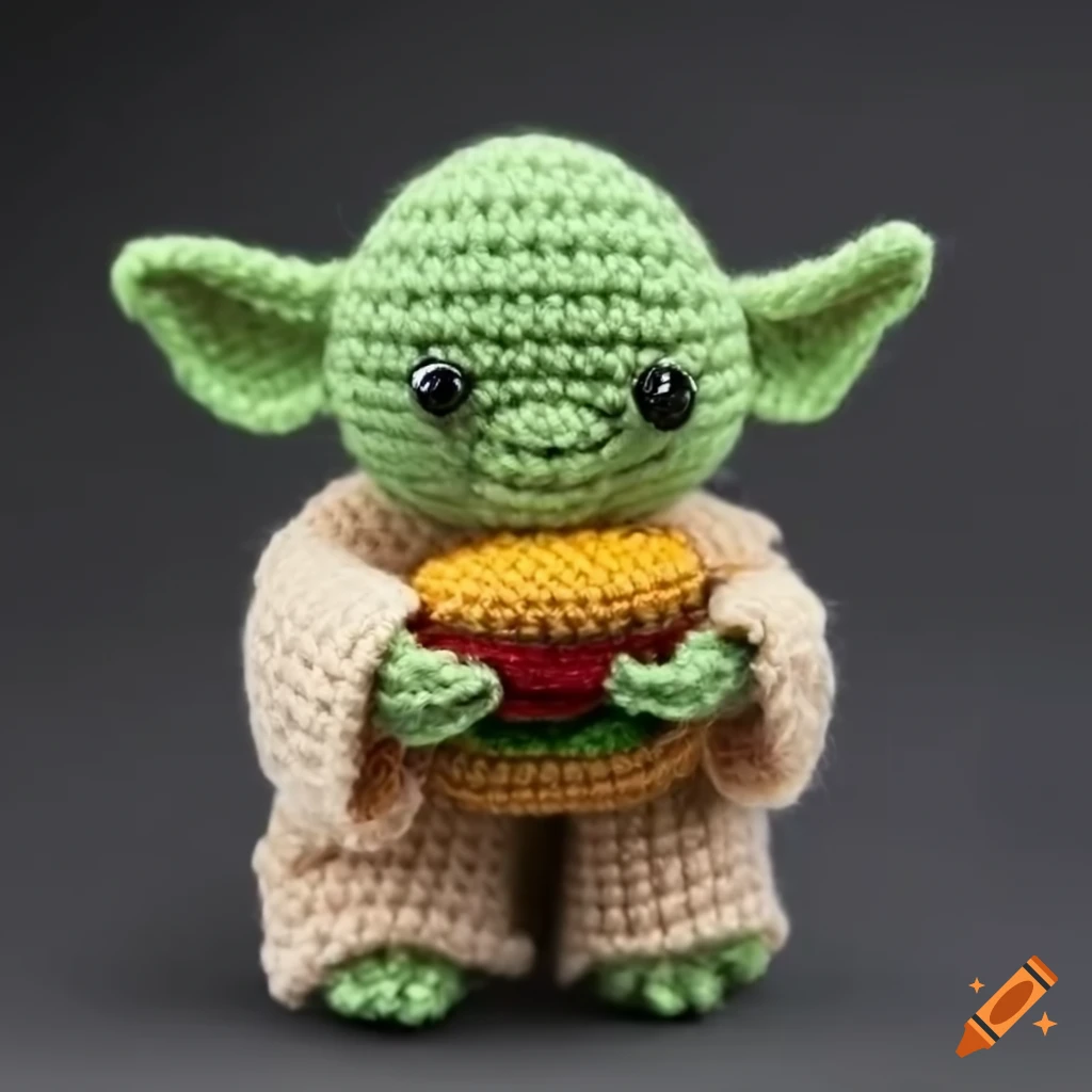 Yoda amigurumi holding a hamburger
