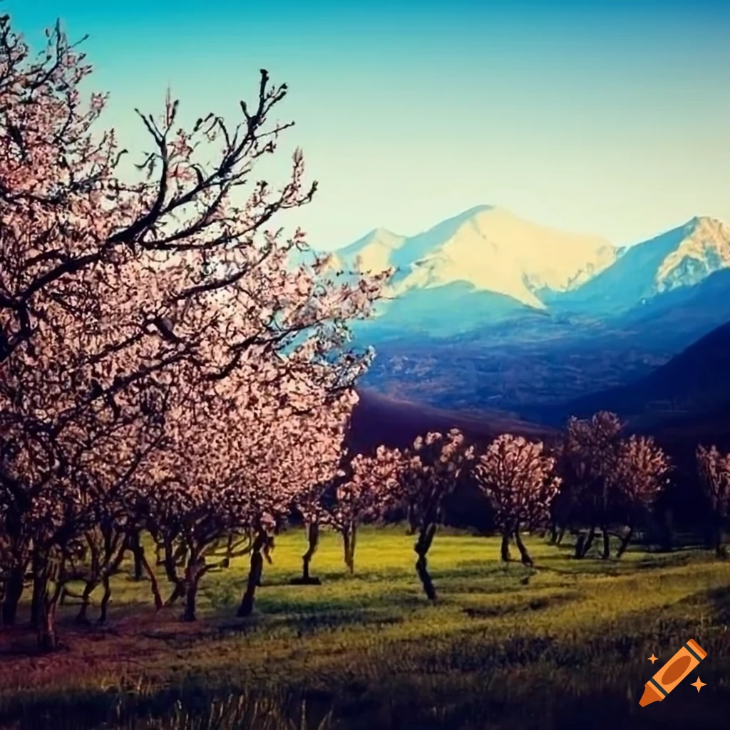 blossoming orchard with mountains in the background