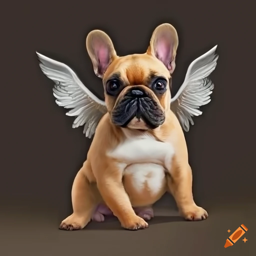 adorable black masked fawn French Bulldog playing with angels