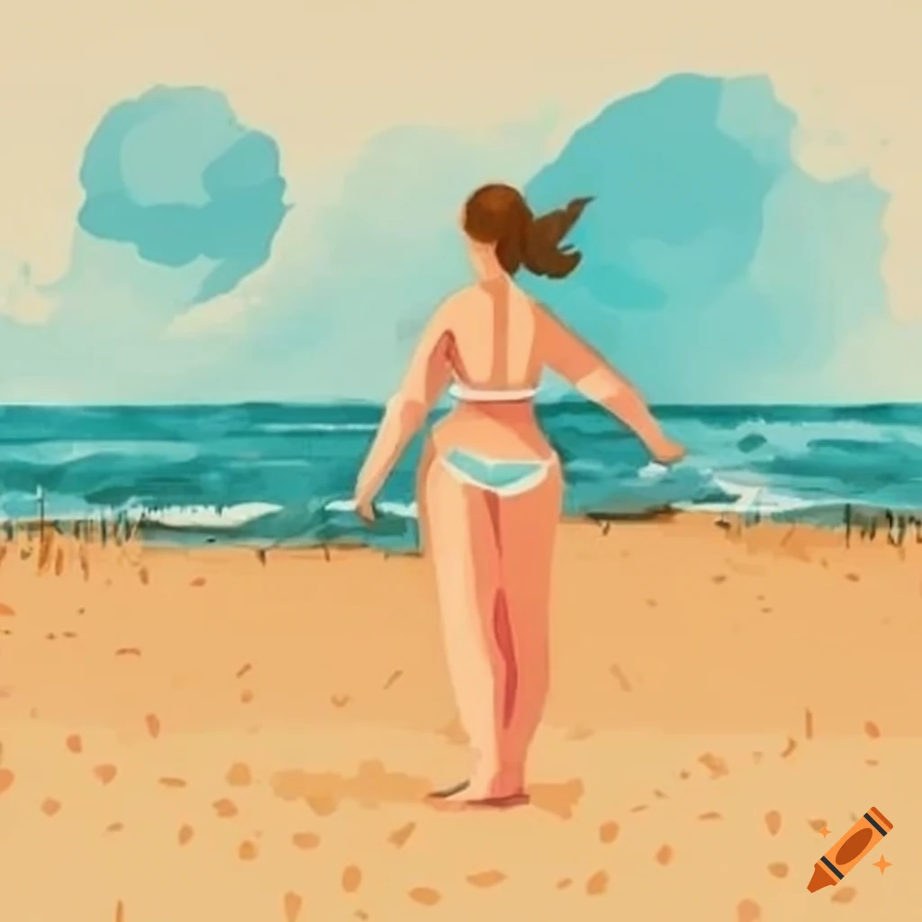 flat painting of a sunbather on a beach in a coastal town