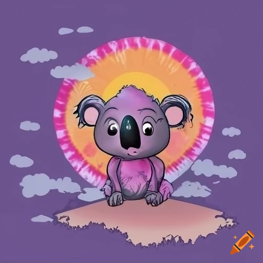 cartoon koala bear in tie dye shirt in colorful sunset