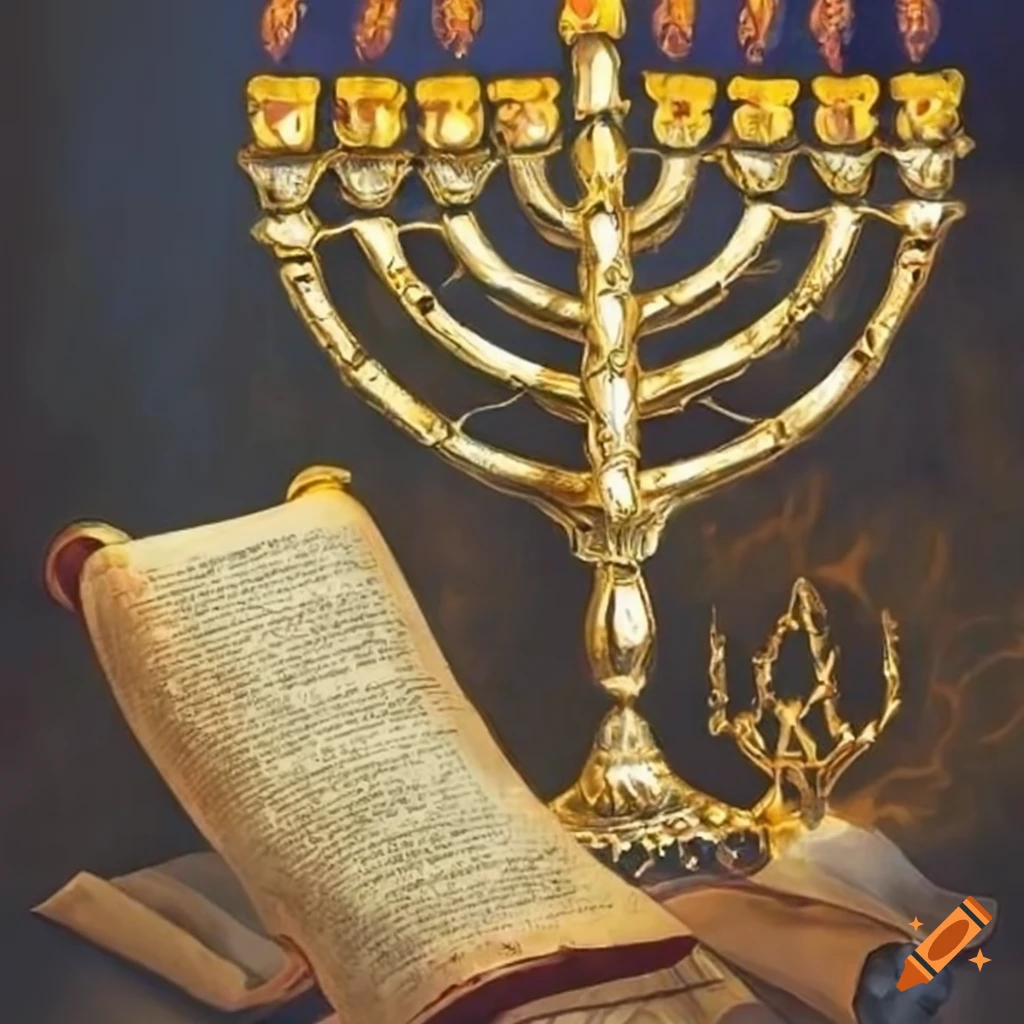 artwork of Menorah and Torah scroll