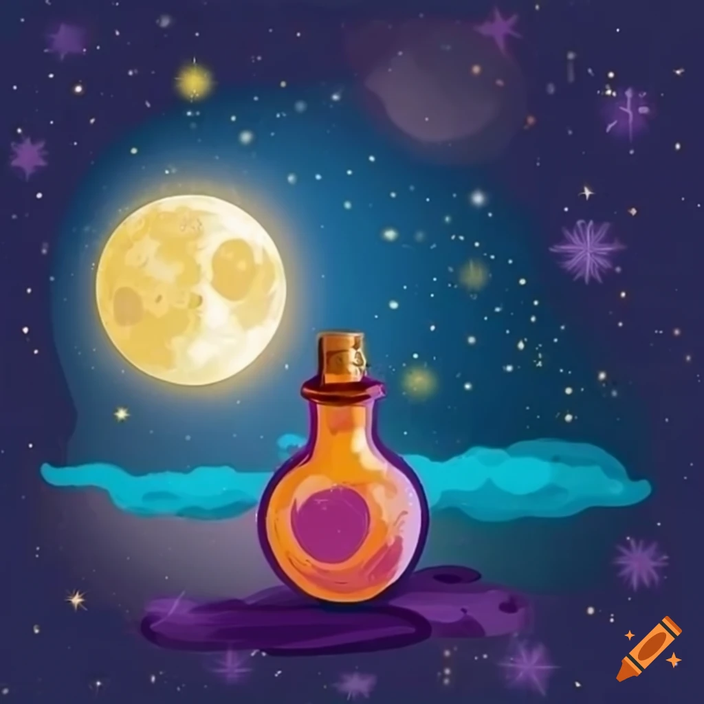 starry night background with a magic potion bottle