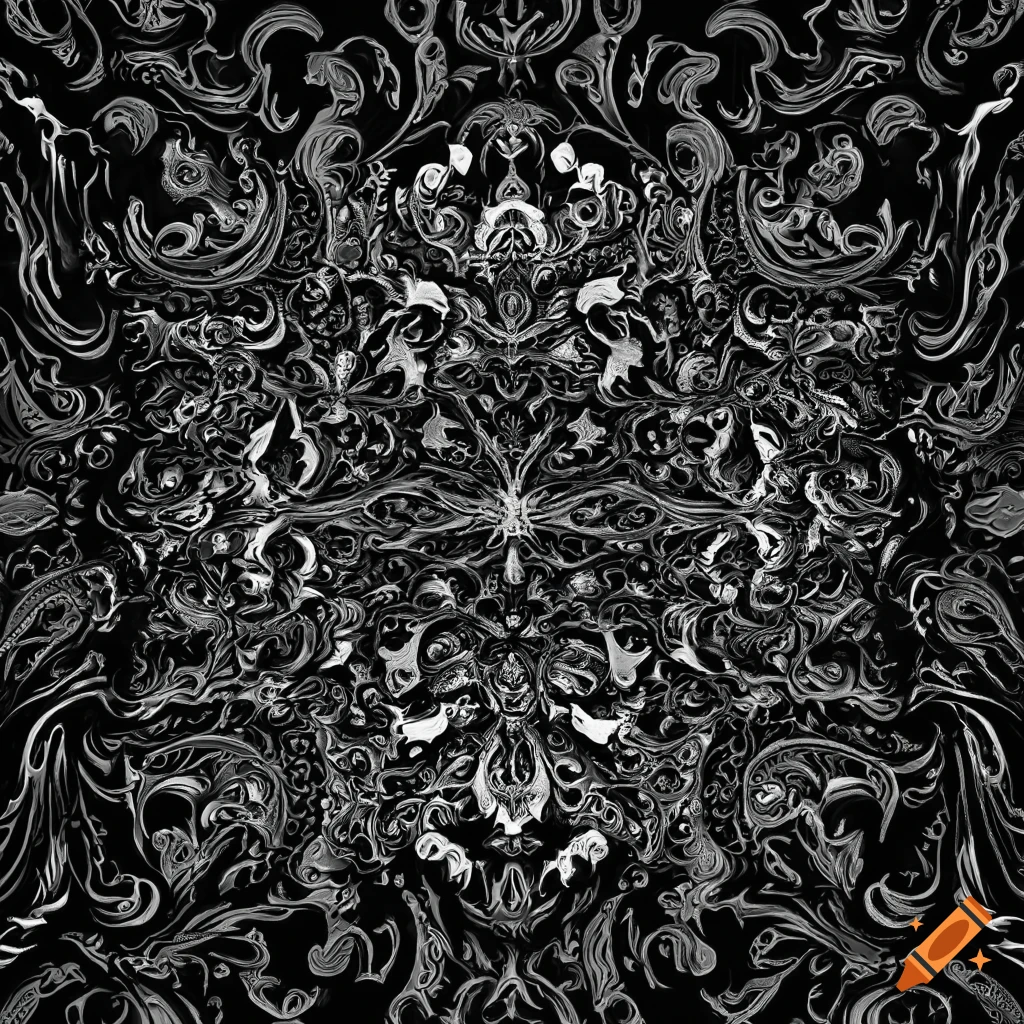 detailed black and white filigree pattern on black background