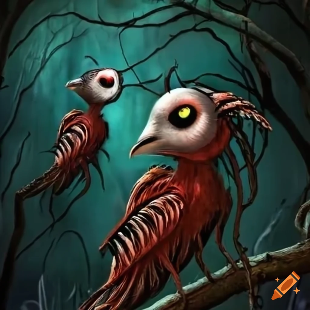 Tim Burton-inspired artwork of eerie birds on a branch
