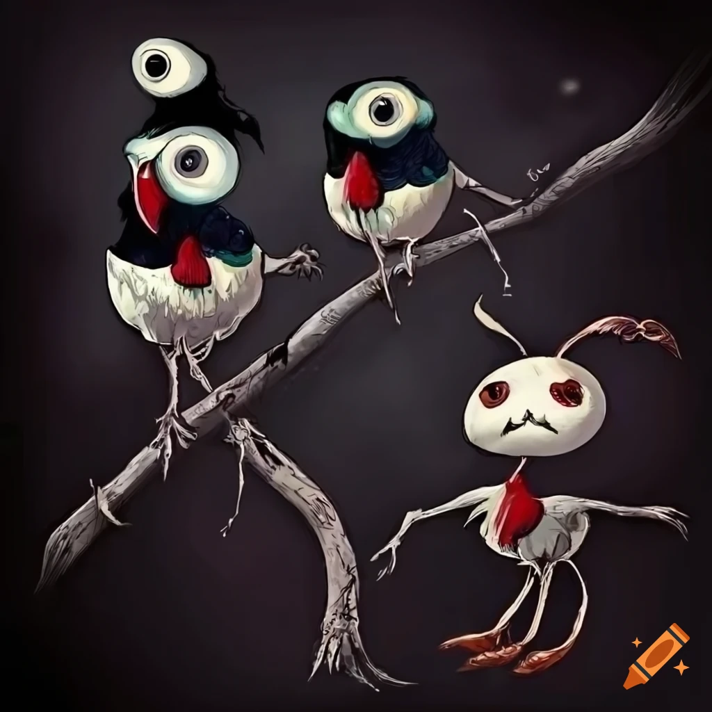 Tim Burton style illustration of creepy birds on a branch