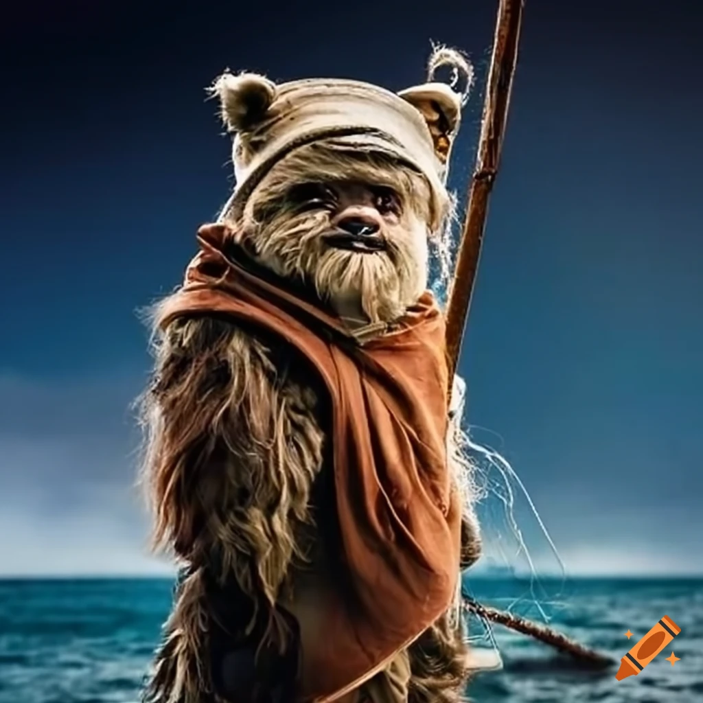 image of an ewok wearing a captain's hat on a sailboat