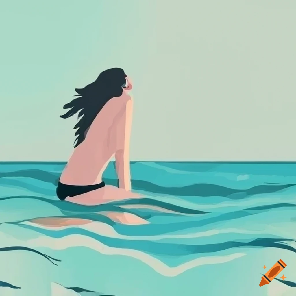 isometric flat painting of a woman sunbathing on a beach