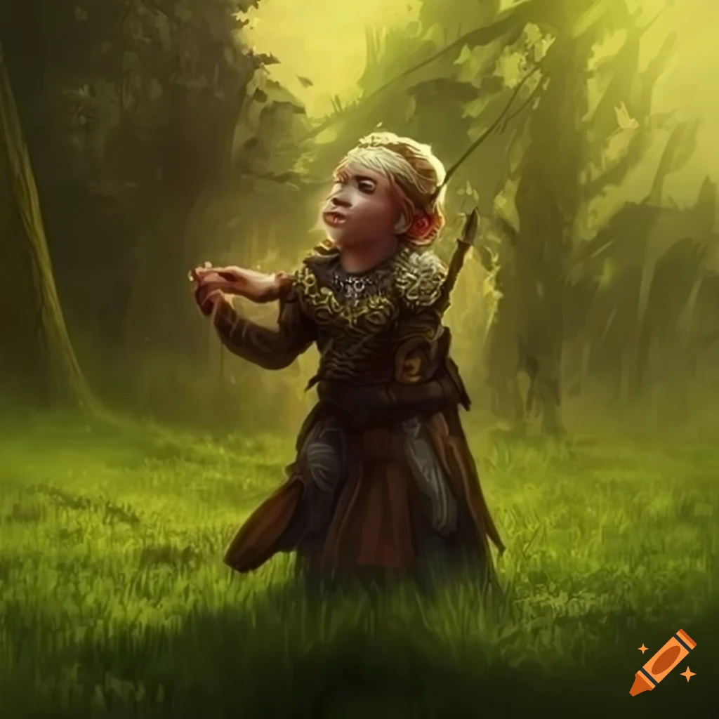 fantasy artwork of a halfling in a grassy field