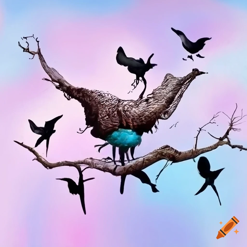 Tim Burton inspired artwork of birds on a branch