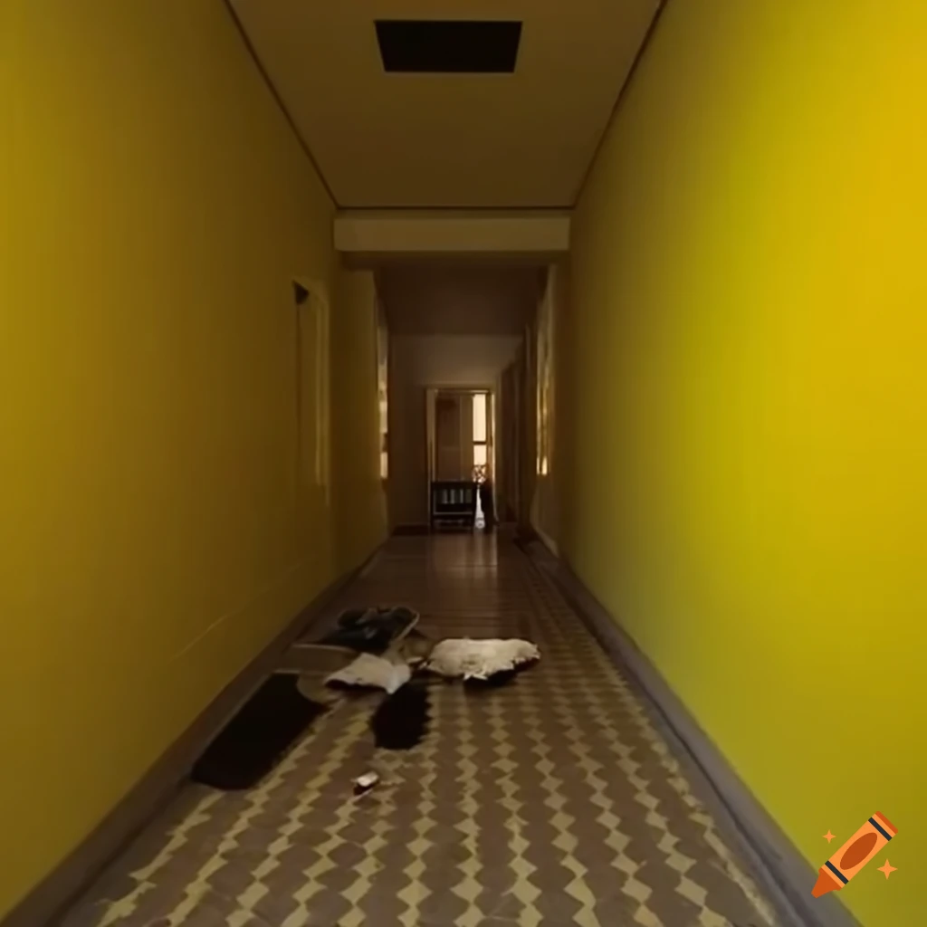 yellowish hallway with trash on the floor