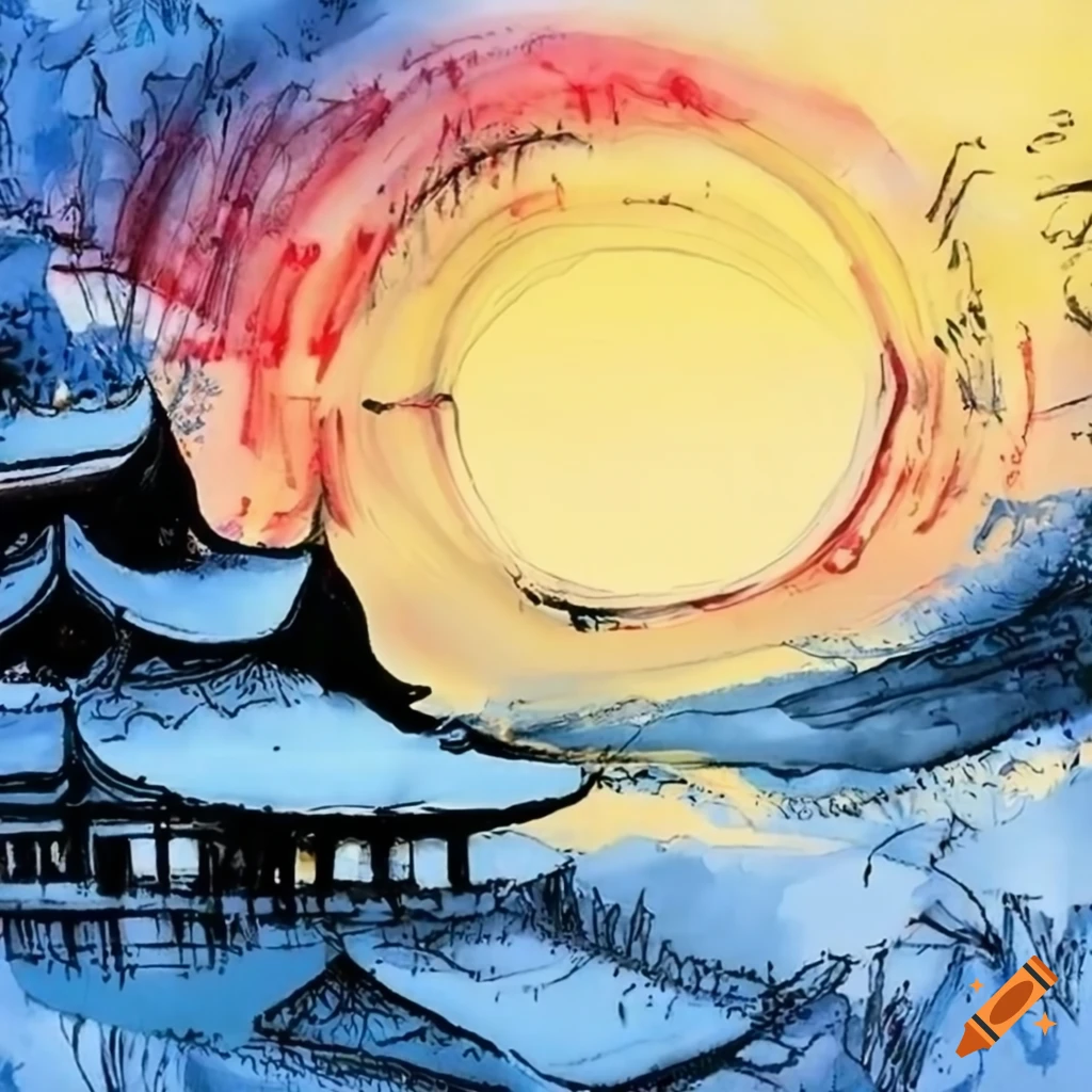 Japanese winter temple landscape in ink art style