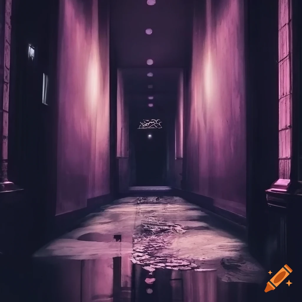 eerie hotel corridor with purple lights