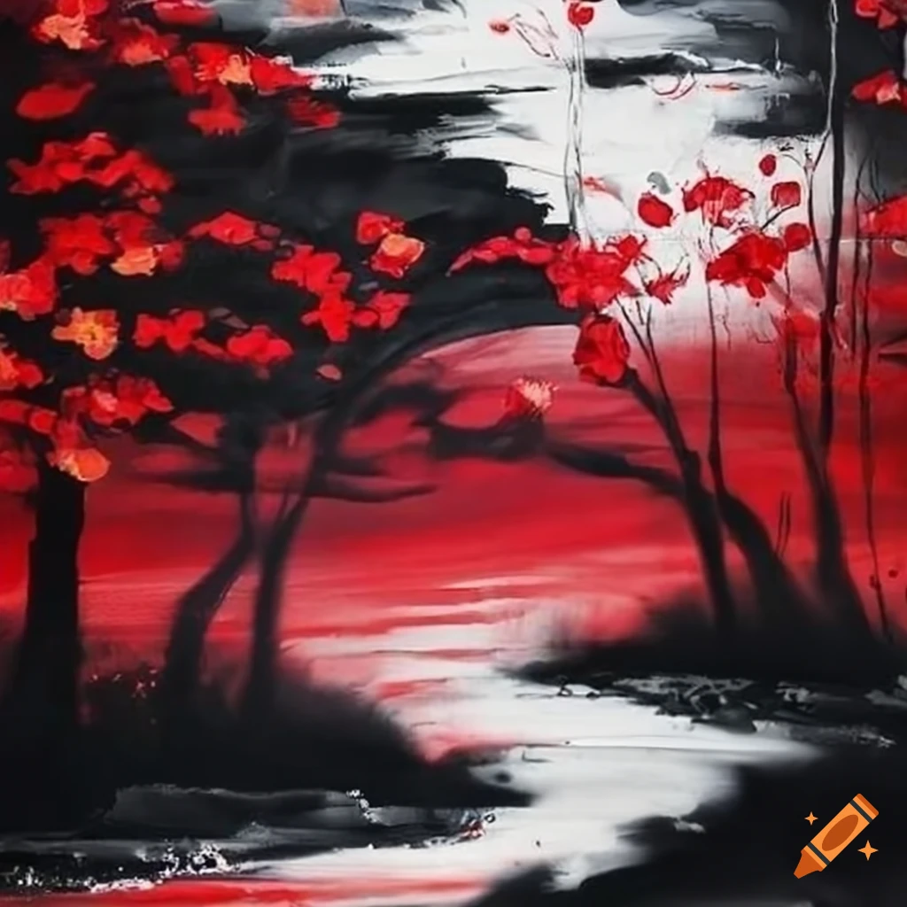Japanese-style ink painting with white, black, and red colors