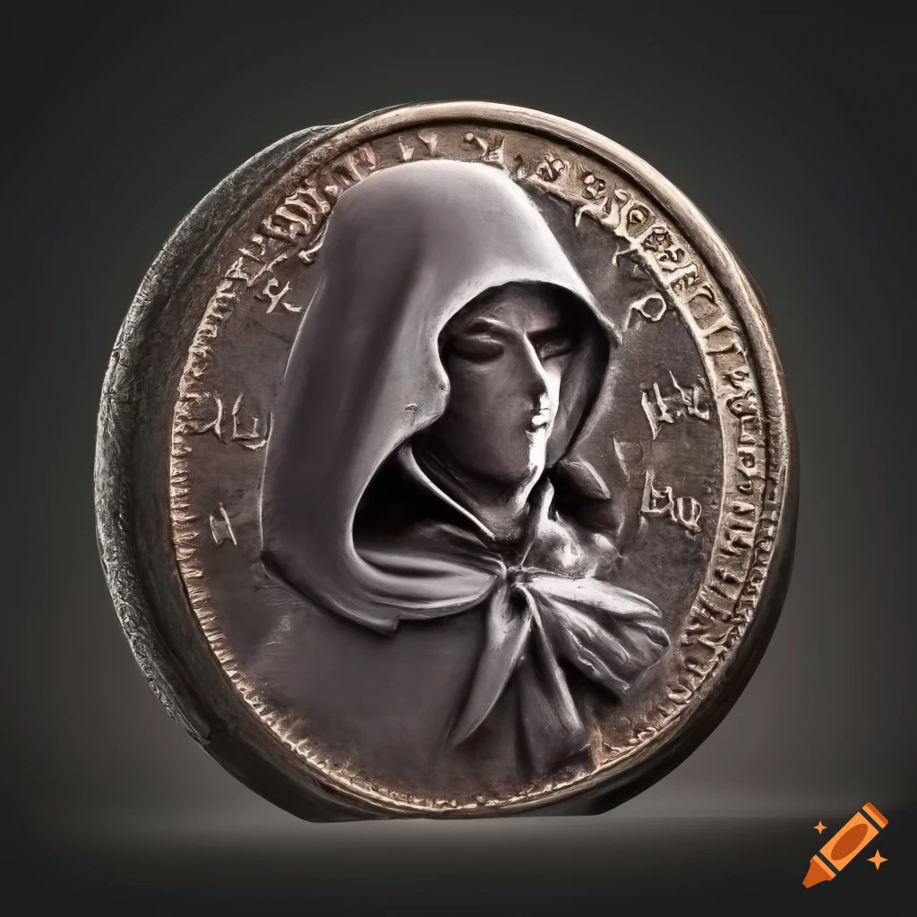 dark metal coin with carved hooded bust