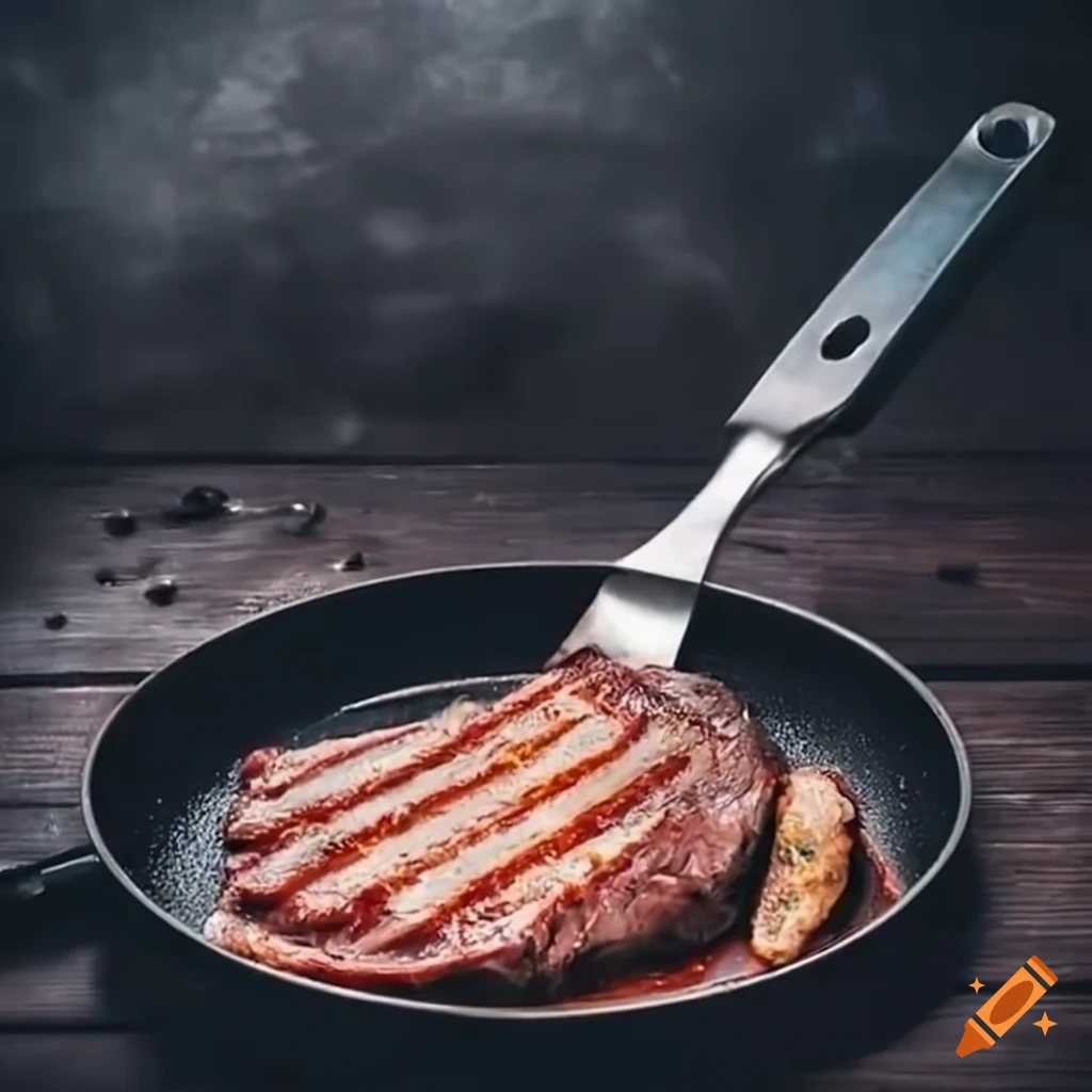 cooking steak on a frying pan