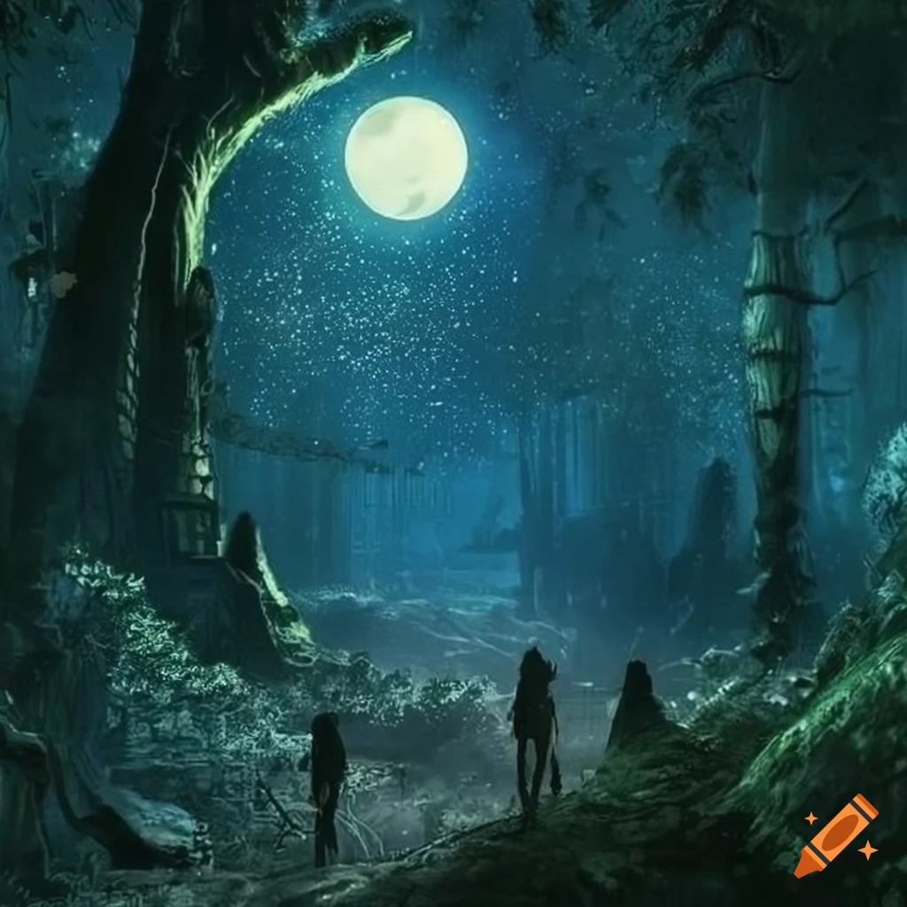 city in the forest at night under moonlight