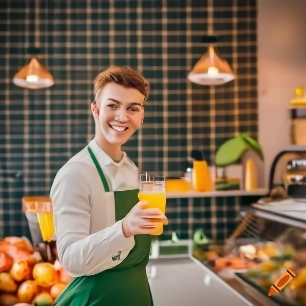 smiling barista serving juice at fruit coffee bar