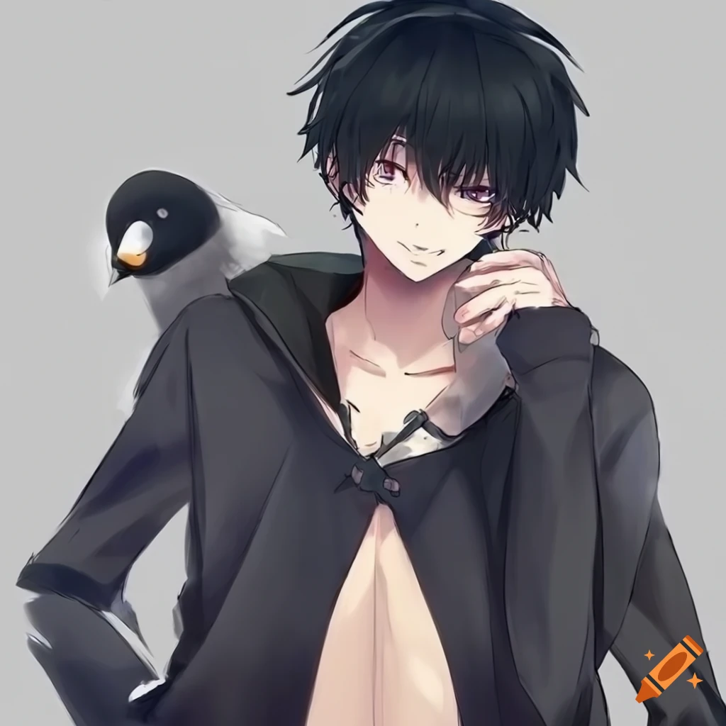 anime boy with black hair and a penguin